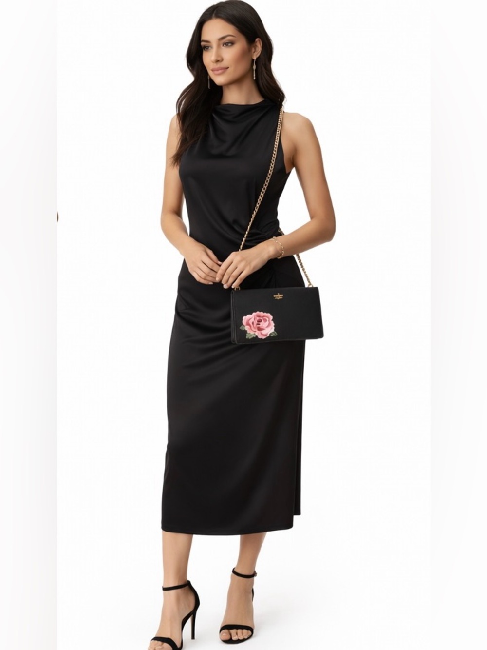 Elegant Black Satin Midi Dress Draped Neck Ruched Side Cocktail Evening .Size 12